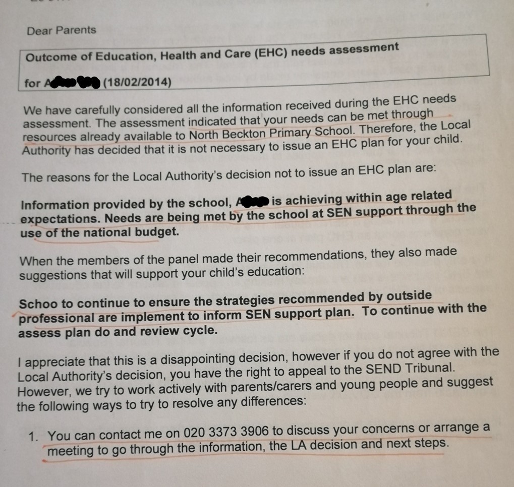 The EHC plan rejection letter that Twinkle received from her Council
