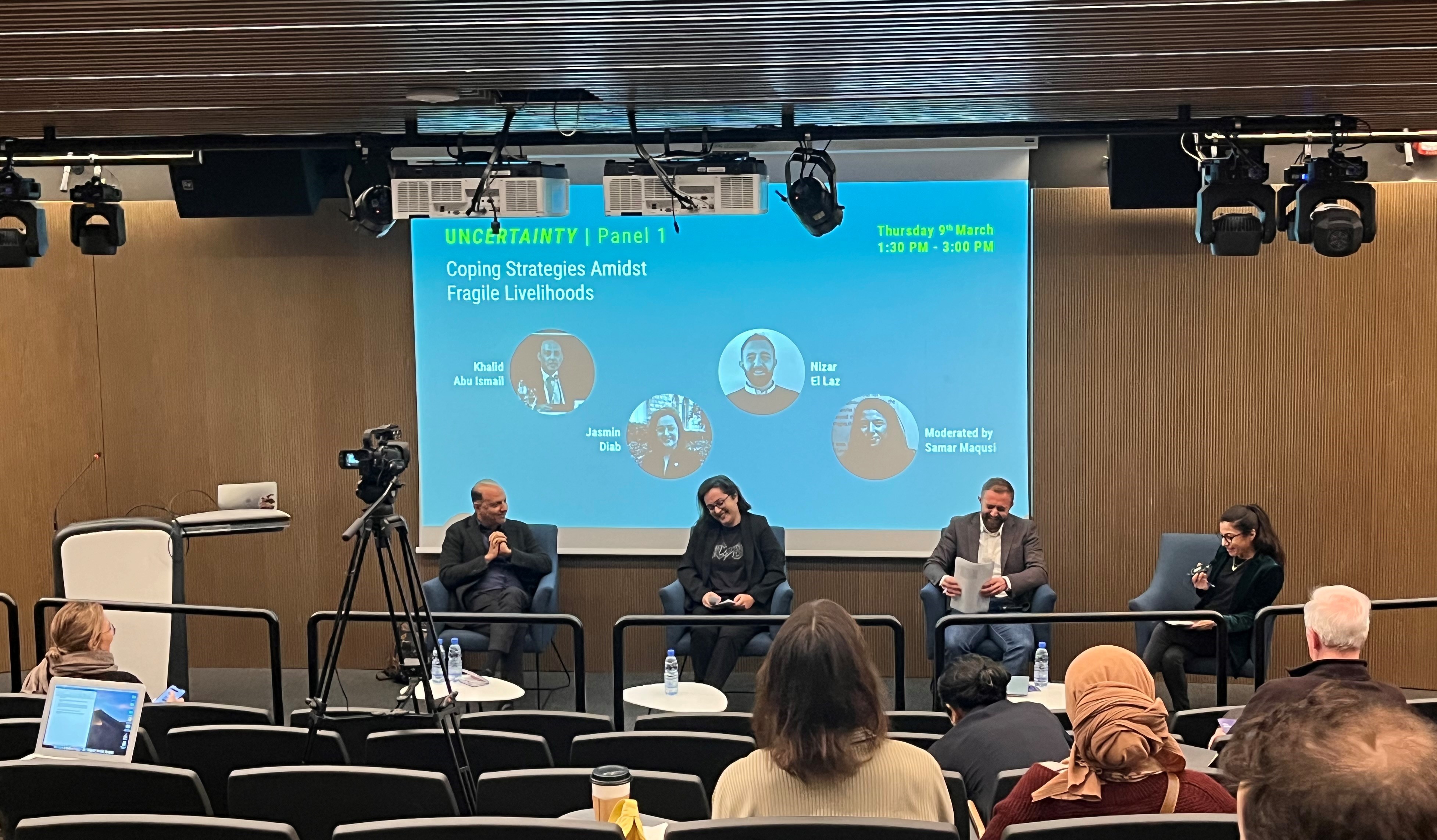 On the right, speakers of the ‘Uncertainty’ panel: Khalid Abu Ismail, Nizar El Laz, Jasmin Diab, and Samar Maqusi