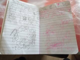 Drawings in Sarah's worry book, showing difficult situations at school and at home